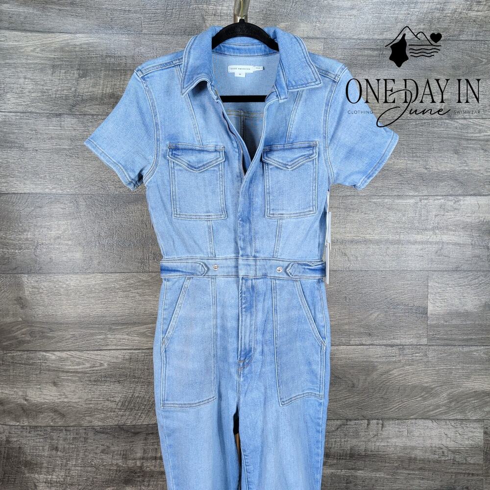 Good American Fit For Success Denim Jumpsuit Blue Short Sleeve NWT Size M